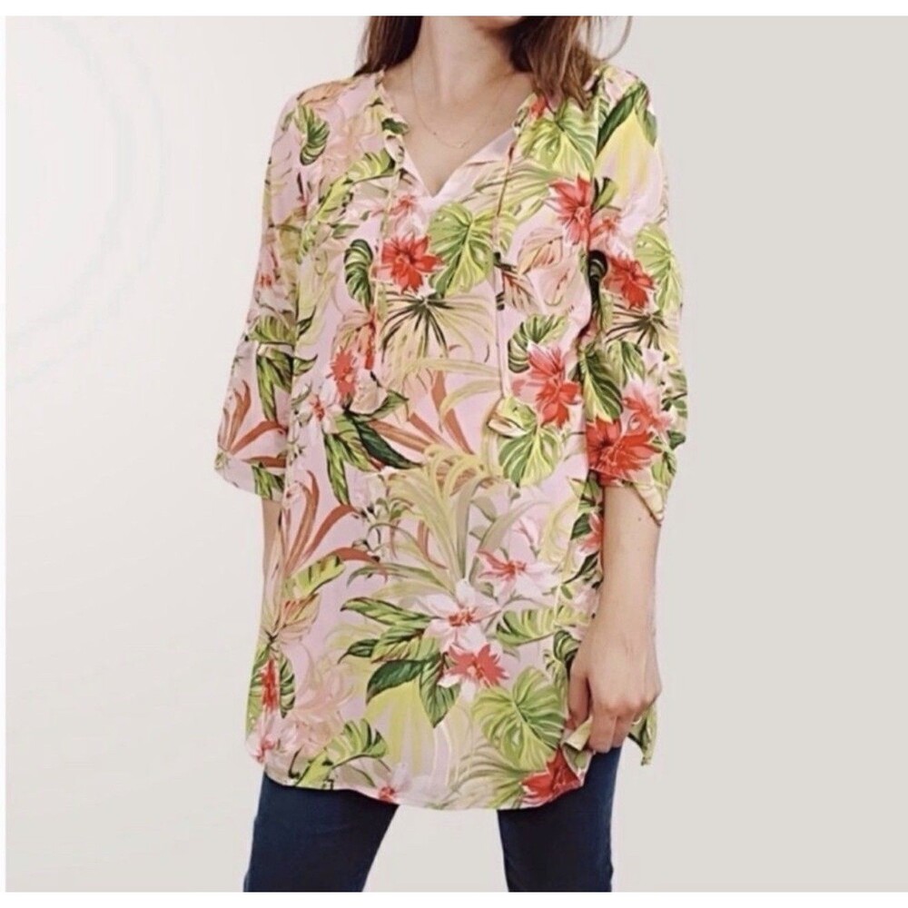 J. Jill Tropical Floral Print Lined Chiffon Tunic Top Size LP Romantic Feminine